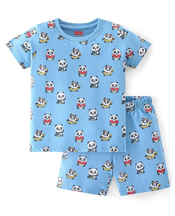 Babyhug Cotton Knit Half Sleeves Night Suit Panda Print - Blue