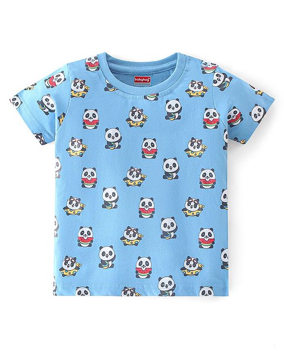 Babyhug Cotton Knit Half Sleeves Night Suit Panda Print - Blue