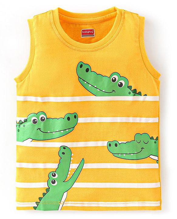 Babyhug Cotton Jersey Knit Sleeveless Striped T-Shirt with Croc Print - Yellow