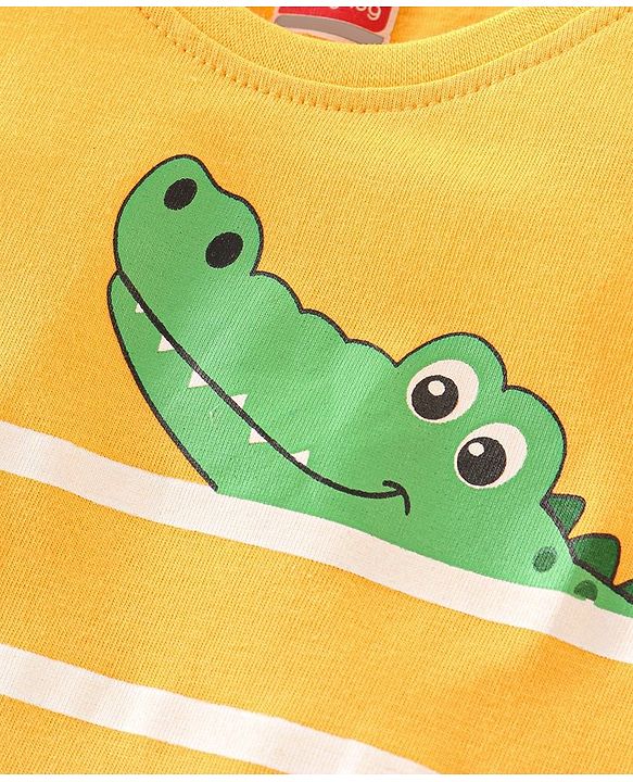 Babyhug Cotton Jersey Knit Sleeveless Striped T-Shirt with Croc Print - Yellow