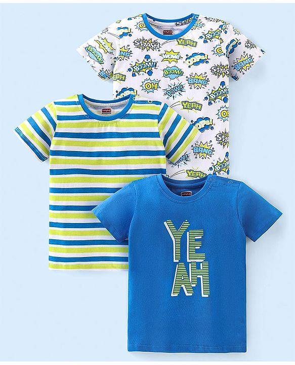 Babyhug Cotton Jersey Half Sleeves Striped T-Shirts with Text Print - Blue & White