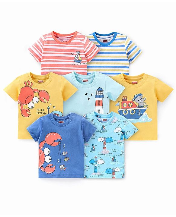 Babyhug Cotton Half Sleeves T-Shirts Pack of 7 with Crab & Boat Print - Yellow & Blue