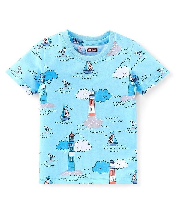Babyhug Cotton Half Sleeves T-Shirts Pack of 7 with Crab & Boat Print - Yellow & Blue