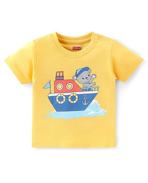 Babyhug Cotton Half Sleeves T-Shirts Pack of 7 with Crab & Boat Print - Yellow & Blue