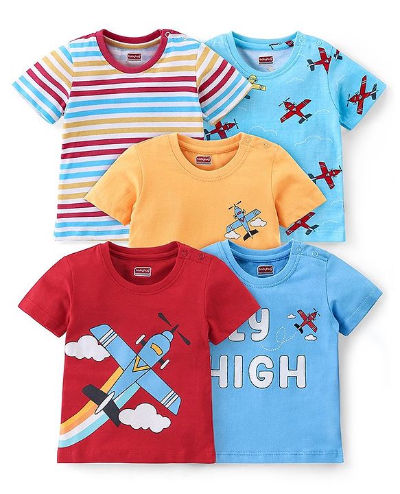 Babyhug Cotton Knit  Half Sleeves Plane Print T-Shirts Pack of 5 - Multicolor