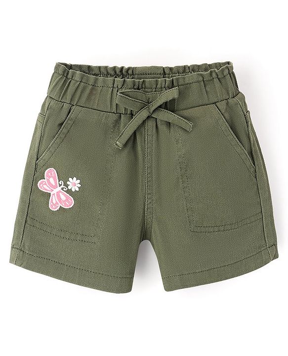 Babyhug Cotton Spandex Mid Thigh Stretchable Shorts with Butterfly Embroidery - Olive Green