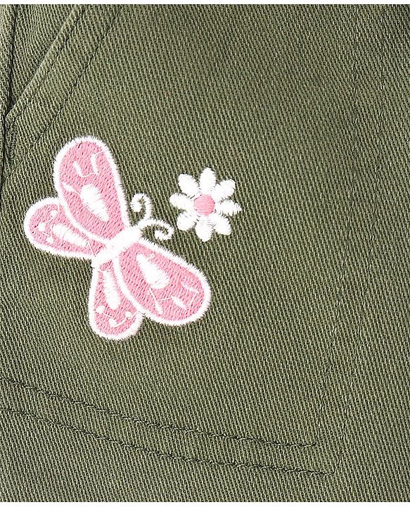 Babyhug Cotton Spandex Mid Thigh Stretchable Shorts with Butterfly Embroidery - Olive Green