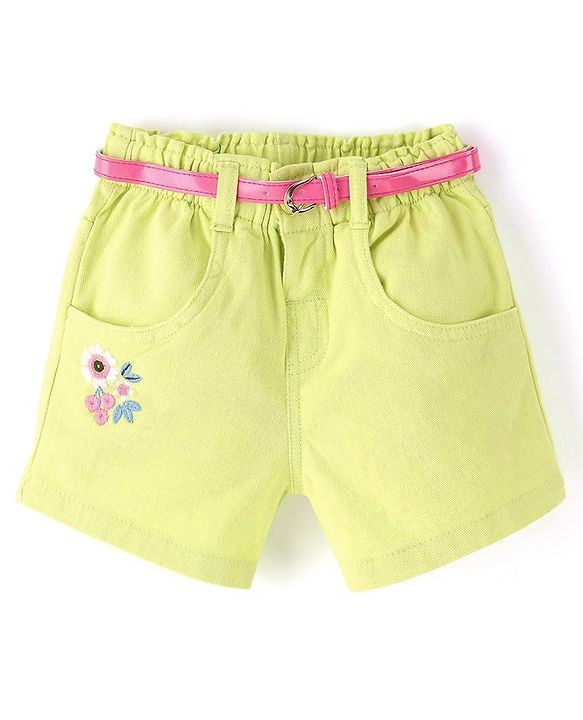Babyhug Cotton Spandex Mid Thigh Stretchable Shorts with Floral Embroidery & Belt - Lime Green
