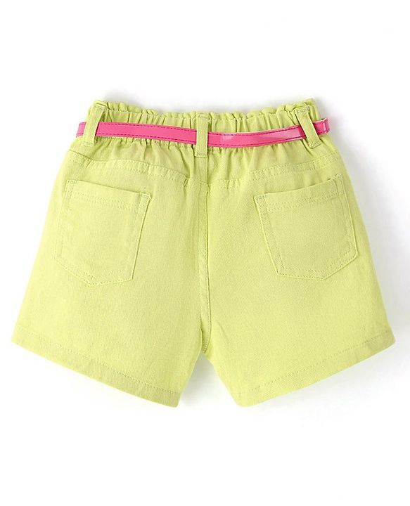 Babyhug Cotton Spandex Mid Thigh Stretchable Shorts with Floral Embroidery & Belt - Lime Green