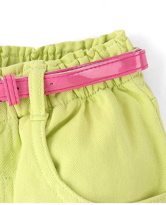 Babyhug Cotton Spandex Mid Thigh Stretchable Shorts with Floral Embroidery & Belt - Lime Green