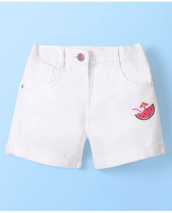 Babyhug Cotton Spandex Mid Thigh Stretchable Shorts with Watermelon Embroidery - White