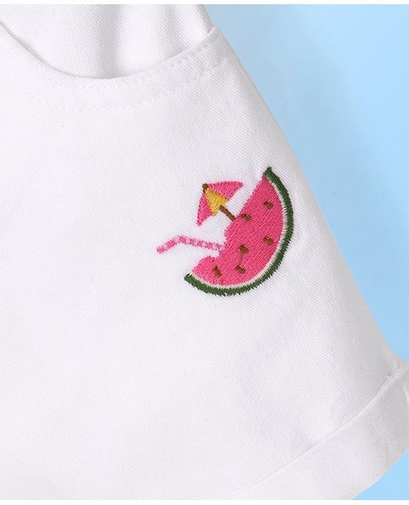 Babyhug Cotton Spandex Mid Thigh Stretchable Shorts with Watermelon Embroidery - White