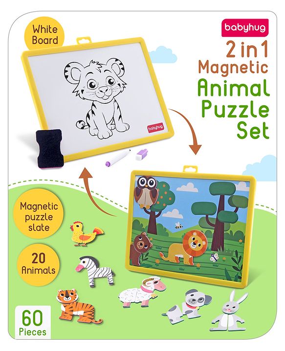Babyhug 60 Pcs Magnetic Animal Puzzle Set with 2 in 1 Board| Playset With Write & Wipe Feature with Sketch Pen and Duster| Learning and Educational Toy for 4-6 Years Kids| Gifting Toy| BIS Certified