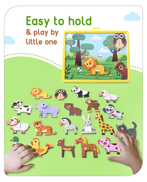 Babyhug 60 Pcs Magnetic Animal Puzzle Set with 2 in 1 Board| Playset With Write & Wipe Feature with Sketch Pen and Duster| Learning and Educational Toy for 4-6 Years Kids| Gifting Toy| BIS Certified