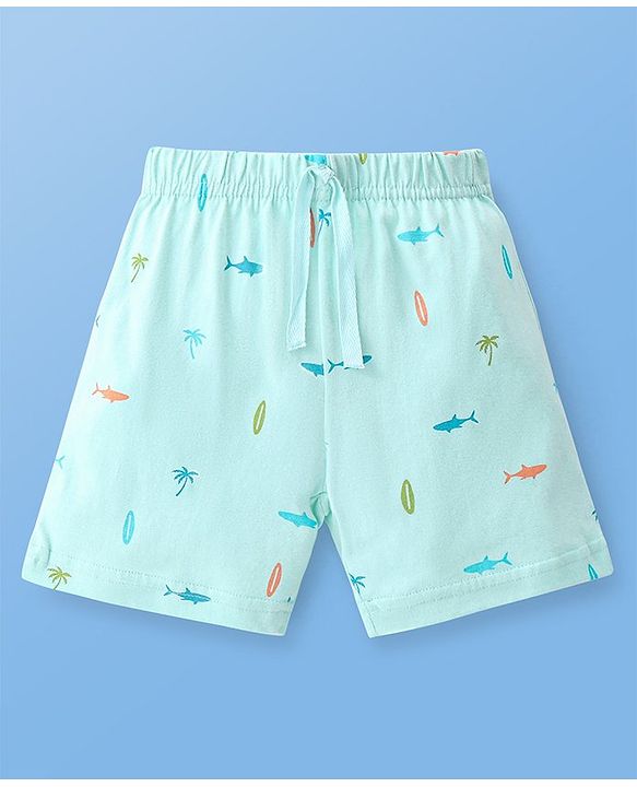 Babyhug Cotton Jersey Knitted Mid Thigh Length Shorts Fish and Text Print Pack of 2 - Orange & Blue