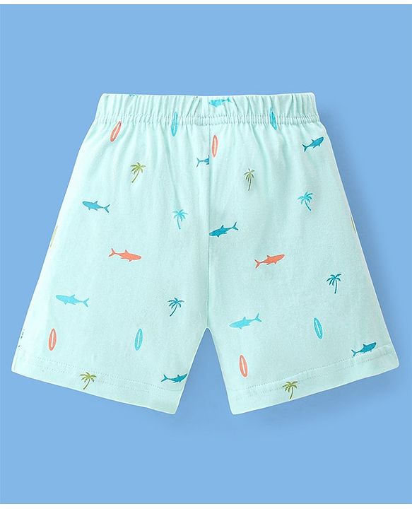 Babyhug Cotton Jersey Knitted Mid Thigh Length Shorts Fish and Text Print Pack of 2 - Orange & Blue