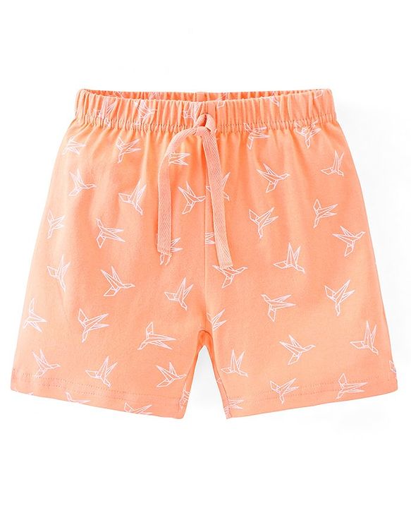 Babyhug Cotton Jersey Knit Mid Thigh Length Shorts Bird Print - Orange