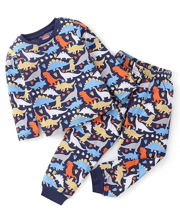 Babyhug Cotton Full Sleeves Night Suit Dino Print- Navy Blue
