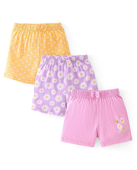 Babyhug Cotton Jersey Knit Mid Thigh Length Shorts Floral & Dot Print Pack of 3 - Pink Purple & Yellow