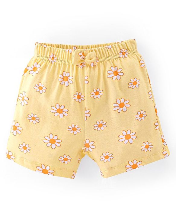 Babyhug Cotton Jersey Knit Floral and Polka Dots Printed Shorts with Bow Applique Pack of 2 - Yellow & Orange