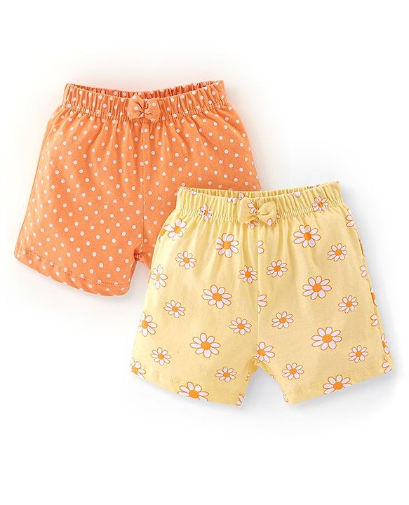 Babyhug Cotton Jersey Knit Floral and Polka Dots Printed Shorts with Bow Applique Pack of 2 - Yellow & Orange