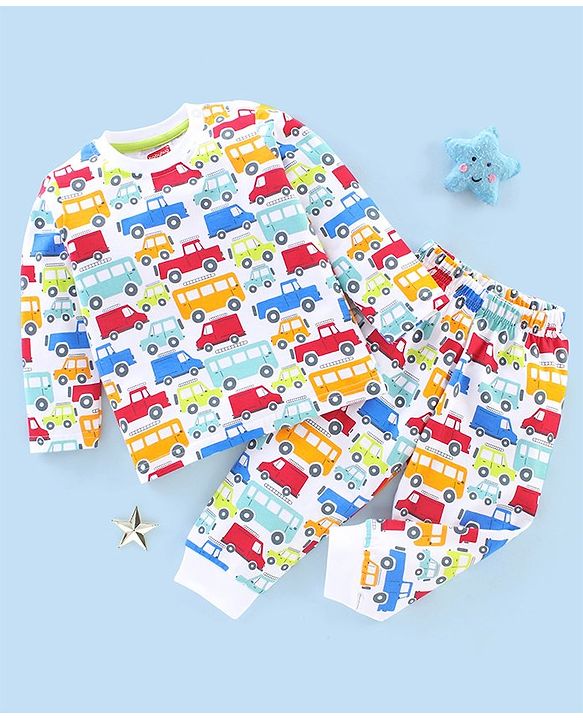 Babyhug Cotton Knit Full Sleeves Night Suit Cars & Buses Print - White