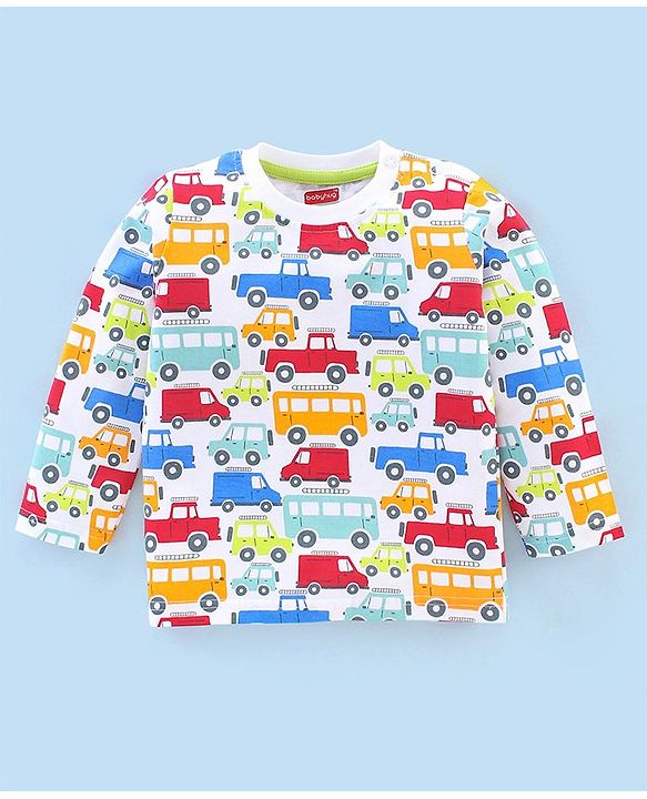 Babyhug Cotton Knit Full Sleeves Night Suit Cars & Buses Print - White