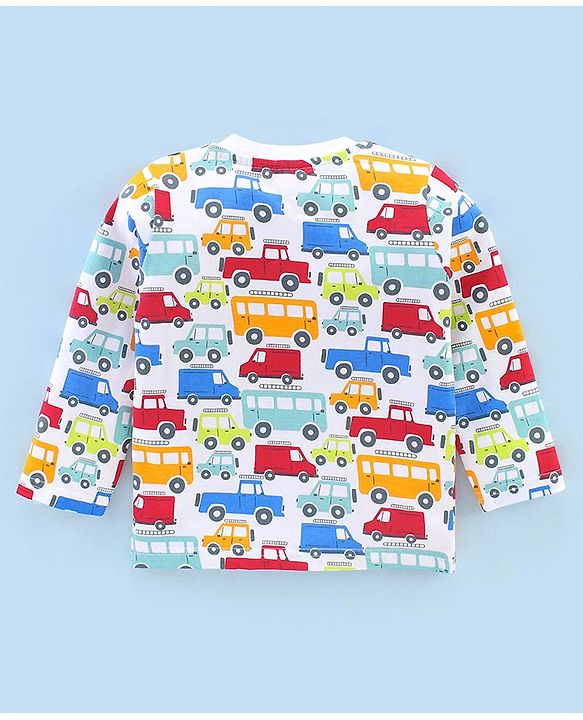 Babyhug Cotton Knit Full Sleeves Night Suit Cars & Buses Print - White