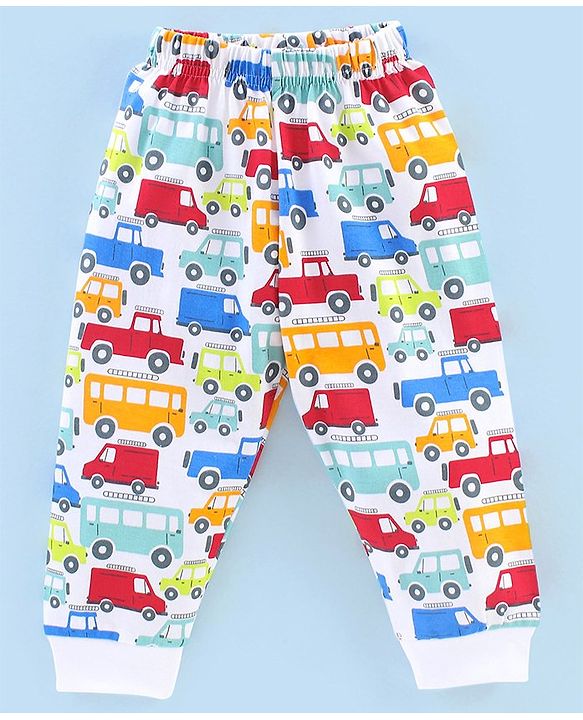 Babyhug Cotton Knit Full Sleeves Night Suit Cars & Buses Print - White