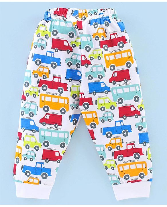 Babyhug Cotton Knit Full Sleeves Night Suit Cars & Buses Print - White