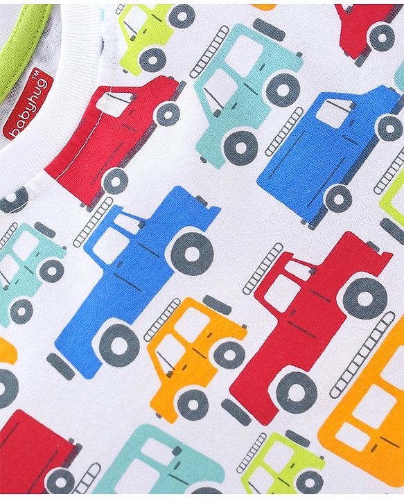 Babyhug Cotton Knit Full Sleeves Night Suit Cars & Buses Print - White