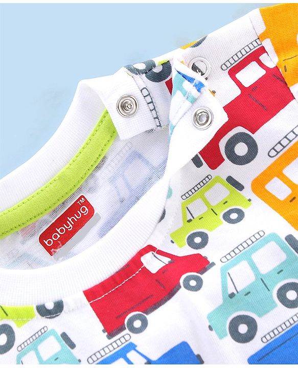 Babyhug Cotton Knit Full Sleeves Night Suit Cars & Buses Print - White