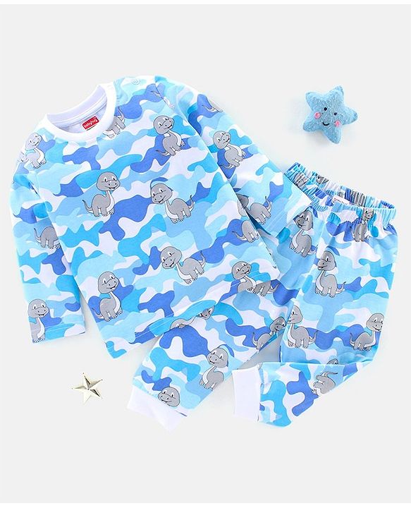 Babyhug Cotton Knit Full Sleeves Night Suit Dino Print - Blue & White