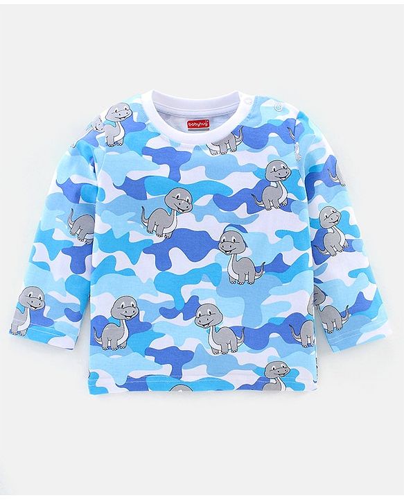 Babyhug Cotton Knit Full Sleeves Night Suit Dino Print - Blue & White