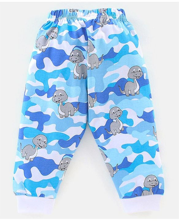 Babyhug Cotton Knit Full Sleeves Night Suit Dino Print - Blue & White