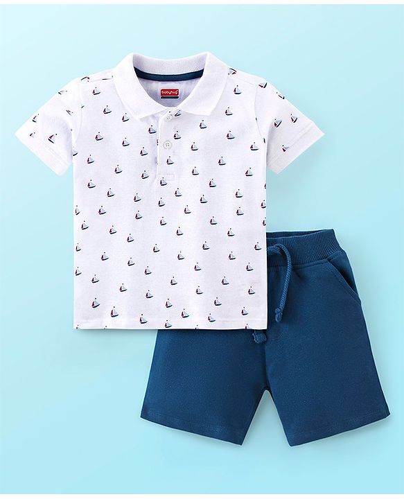 Babyhug 100% Cotton Knit Half Sleeves T-Shirt and Shorts Set Boat Print - White & Blue