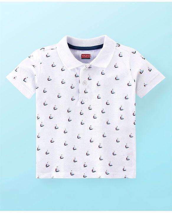 Babyhug 100% Cotton Knit Half Sleeves T-Shirt and Shorts Set Boat Print - White & Blue