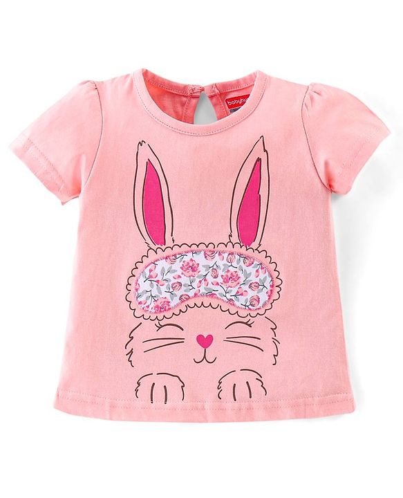 Babyhug Cotton Half Sleeves Night Suit Bunny & Floral Print- Peach & White