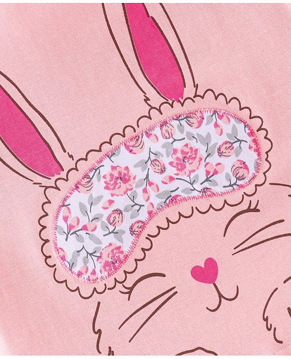 Babyhug Cotton Half Sleeves Night Suit Bunny & Floral Print- Peach & White