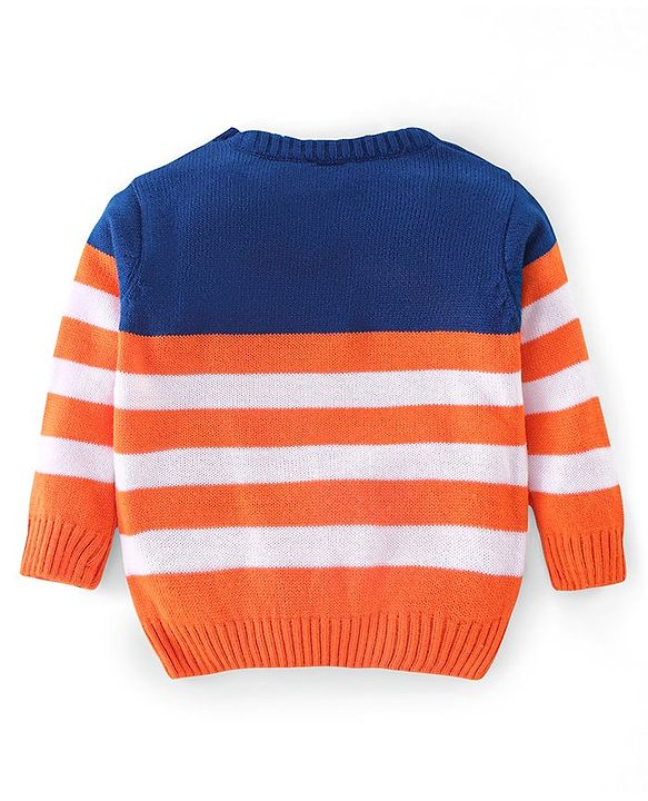 Babyhug Knit Full Sleeves Striped Sweater - Orange & Blue