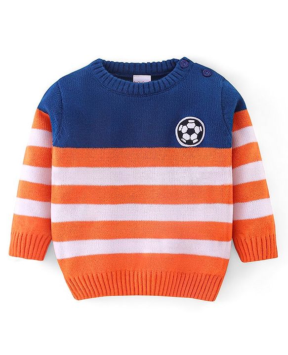 Babyhug Knit Full Sleeves Striped Sweater - Orange & Blue