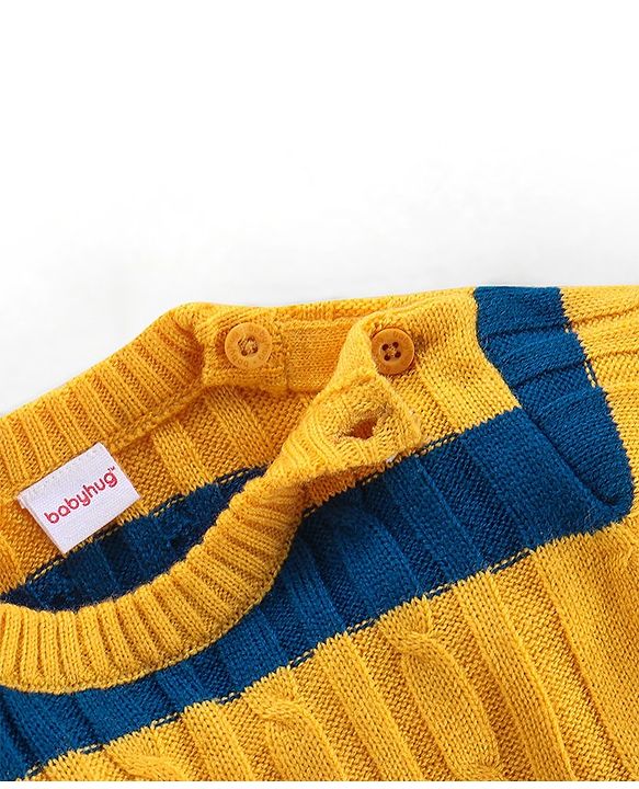 Babyhug Knit Full Sleeves Stripe Print Sweater - Yellow & Navy Blue