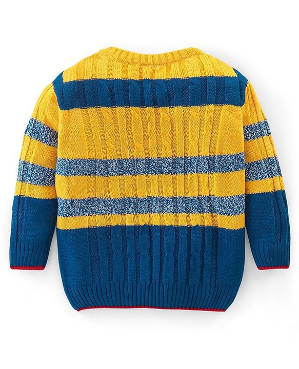 Babyhug Knit Full Sleeves Stripe Print Sweater - Yellow & Navy Blue
