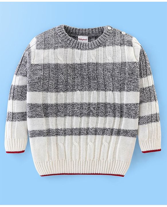 Babyhug Knit Full Sleeves Stripe Print Sweater - White & Grey