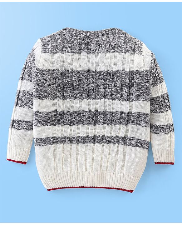 Babyhug Knit Full Sleeves Stripe Print Sweater - White & Grey