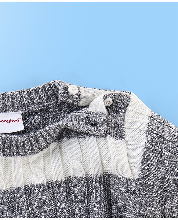 Babyhug Knit Full Sleeves Stripe Print Sweater - White & Grey