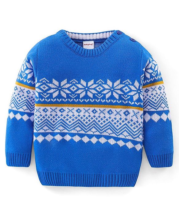 Babyhug Knit Full Sleeves Floral Design Sweater - Blue