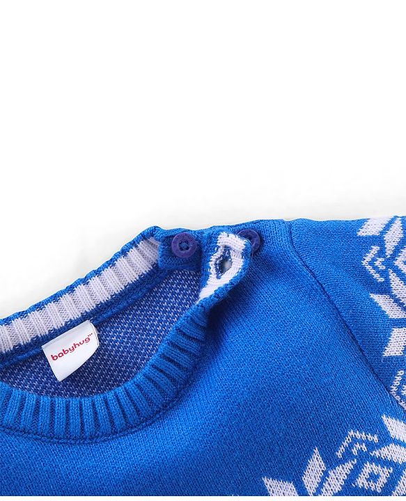 Babyhug Knit Full Sleeves Floral Design Sweater - Blue