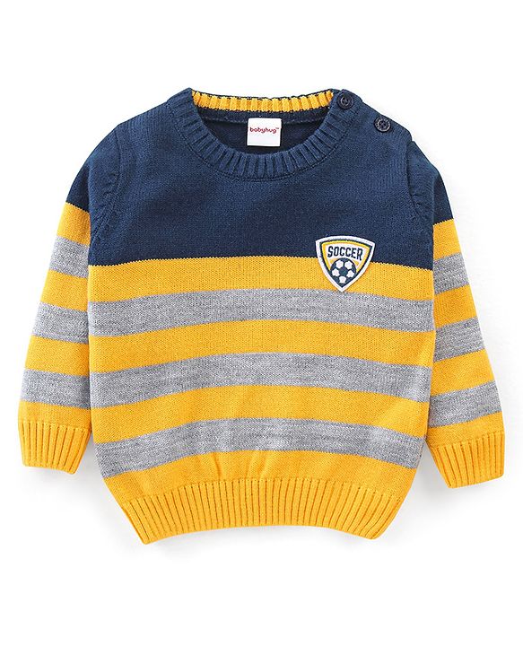 Babyhug Knit Full Sleeves Sweater With Striped & Soccer Badge - Blue & Yellow