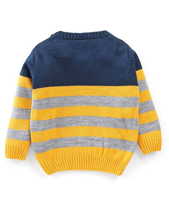 Babyhug Knit Full Sleeves Sweater With Striped & Soccer Badge - Blue & Yellow